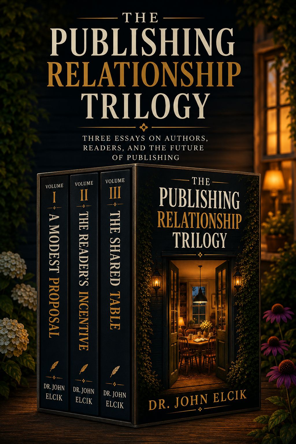 The Publishing Relationship Trilogy by Dr. John Elcik — original cover showing three volumes and a warmly lit shared table